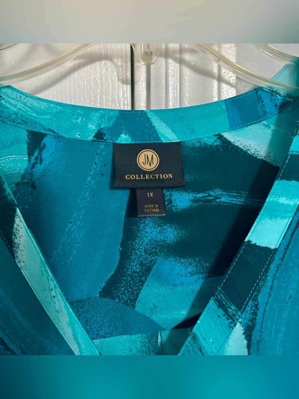 JM Collection Teal & Turquoise Abstract V-Neck Blouse